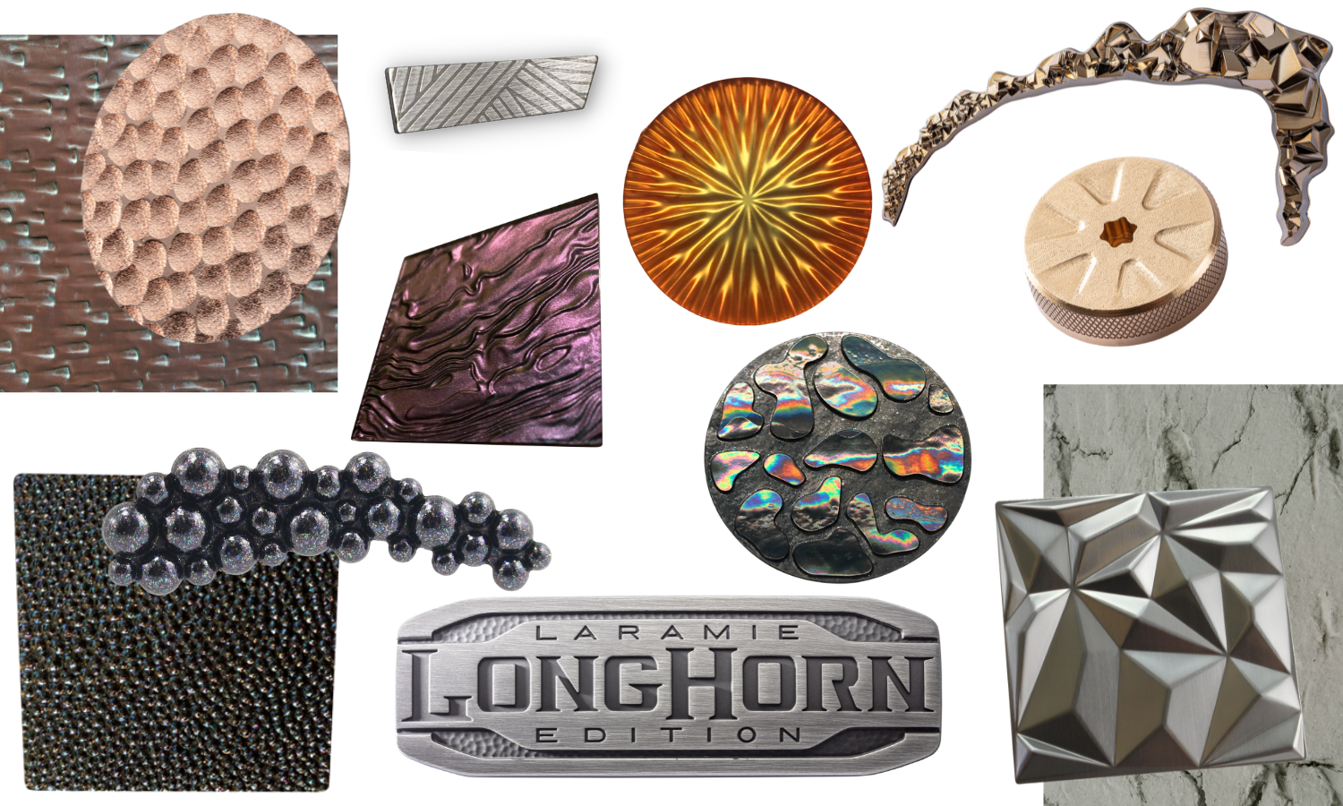 rose gold hammered metal textured circle; iridescent stingray textured 2x2 square; molded plastic rippled 2x2 square with wave texture; rounded rectangle zinc part with antiqued pewter finish with recessed LONGHORN copy, faceted 2x2 aluminum square polished, rose gold end cap with ridged/knurled texture on edges, pyrite faceted rose gold eyebrow trim metal piece, parallelogram etched stainless steel with raw finish, mother of pearl textured on metal circle