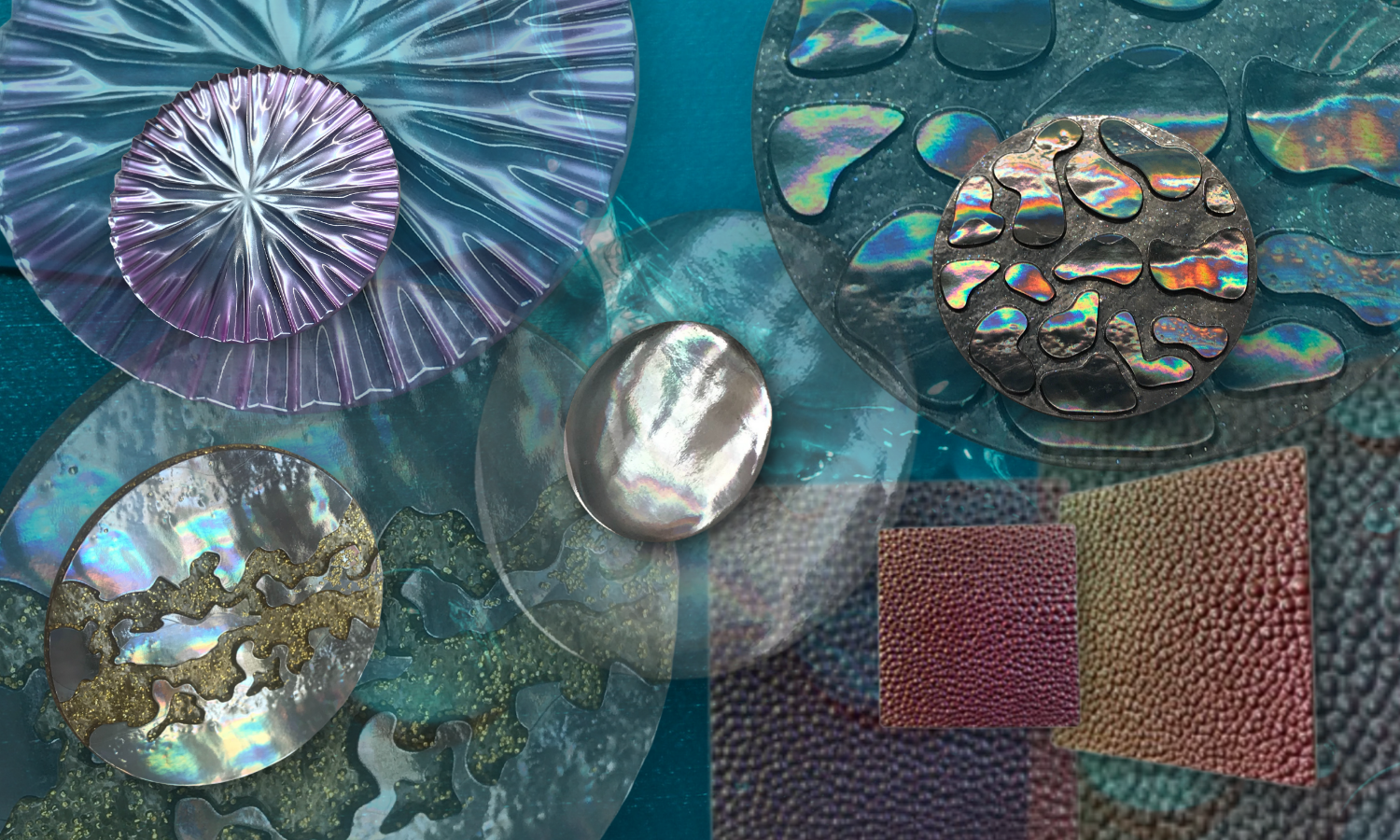 collage or water inspired designs. mother of pearl texture chips; molded plastic swirled iridescent; color changing stingray textures