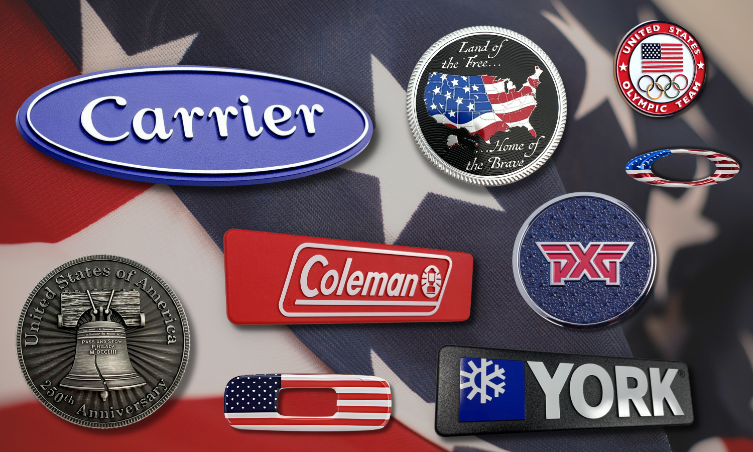 Collection of dimensional branded badges and emblems featuring patriotic American-themed designs, including Carrier, Coleman, York, PXG, U.S. Olympic Team, commemorative coins, and flag-inspired trim components displayed over a U.S. flag background.