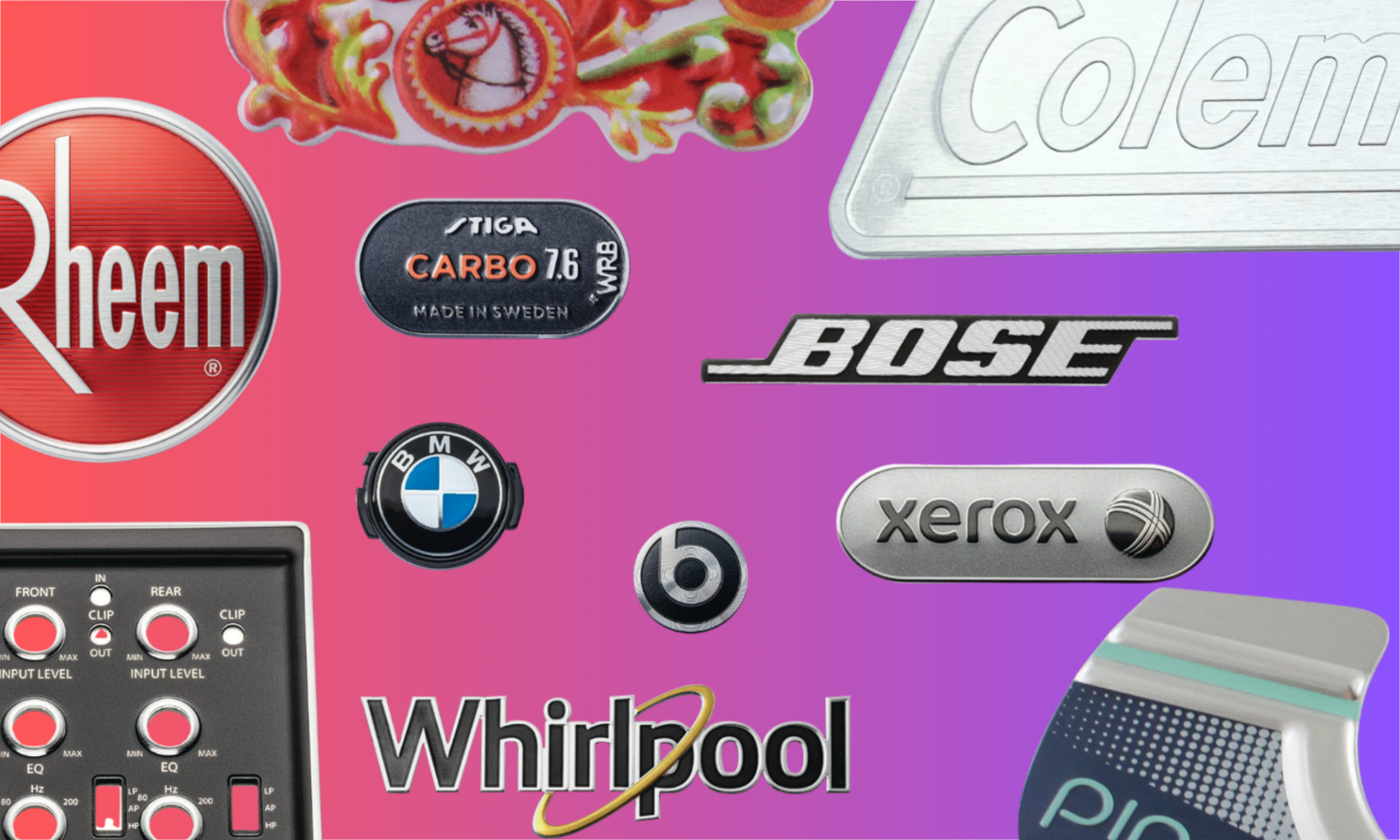 collage of aluminum nameplates:  bmw key fob badge, whirlpool refrigerator badge, bose sound bar badge, xerox printer badge, ping golf club badge, coleman sustainable cooler badge, stiga ping pong paddle badge, rheem water heater badge