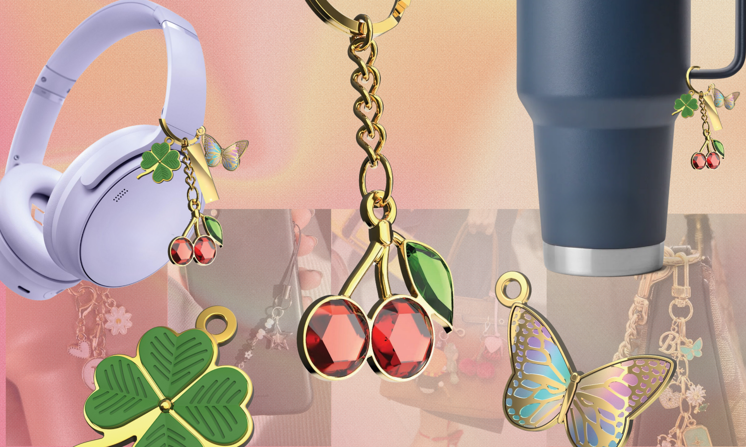 collage of hanging charms for accessories. bright red cherries in a gold metal bezel, holographic butterfly in a gold metal bezel, emerald green shamrock in a gold metal bezel. charms hanging from a cup handle, headphone band, phone case, and hangbags.