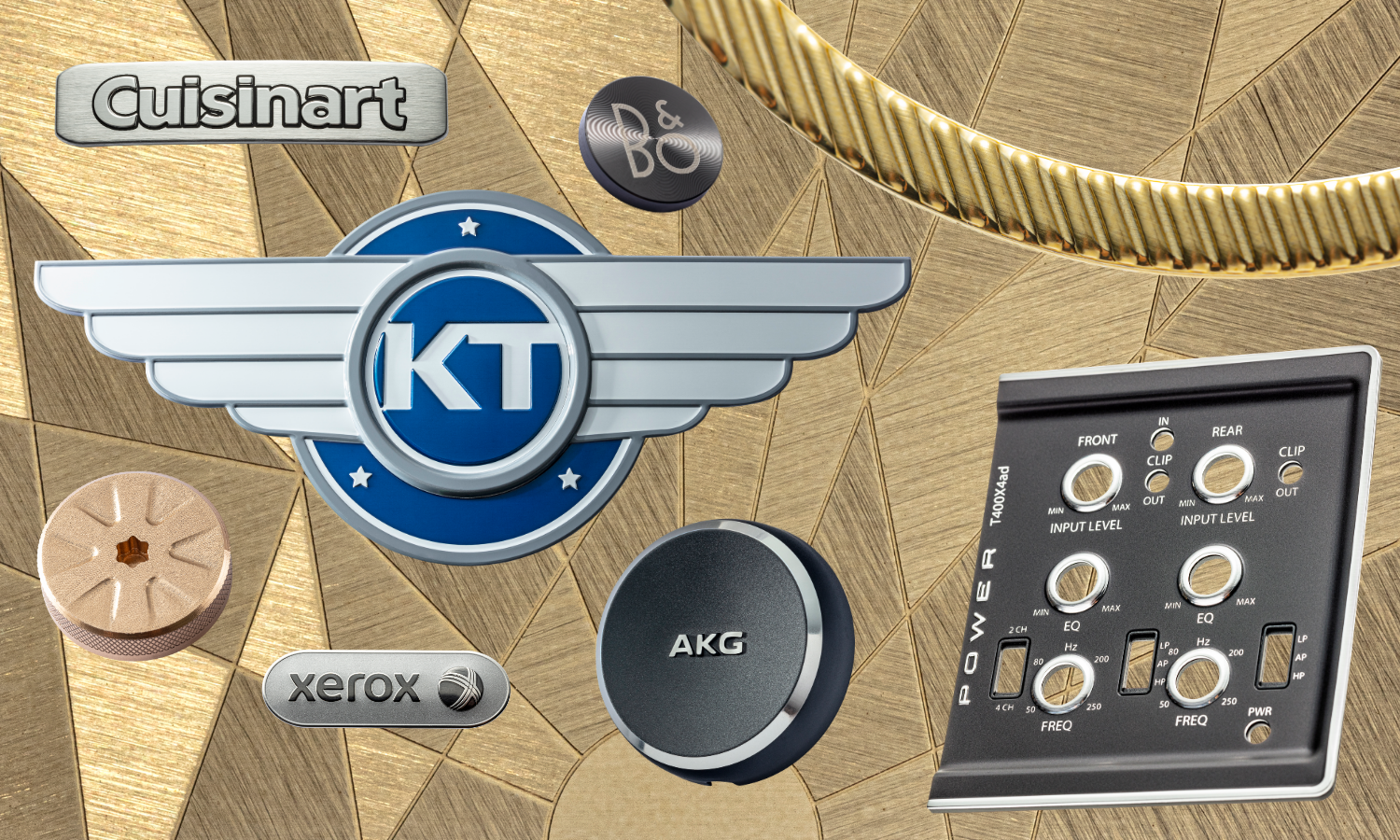 collage of branded name plates; cuisinart rectangle badge, oval shaped xerox badge, circle shaped AKG headphone cap, radial spin cut B&O circle badge, selective brushed gold colored background.