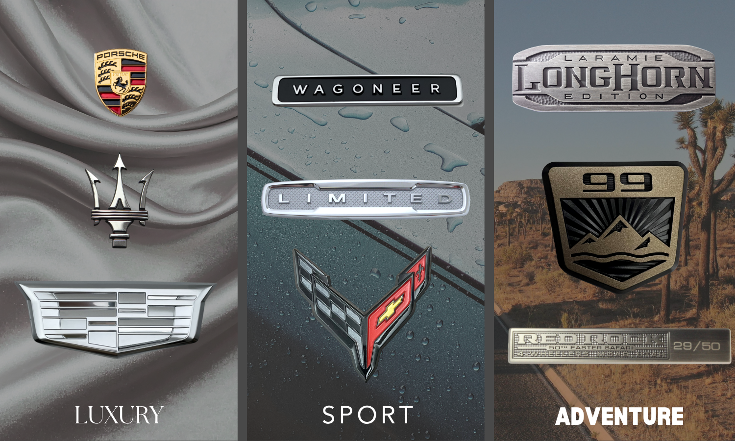Luxury, sport, and adventure automotive badges displayed on vehicle surfaces, showcasing dimensional metal branding with premium finishes, textures, and model-specific detailing.