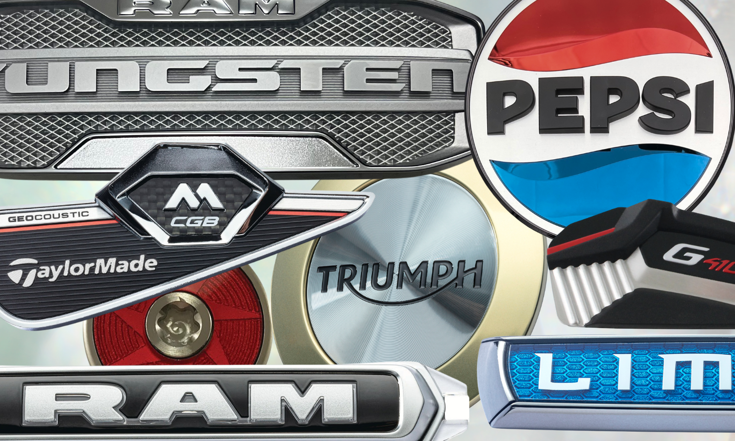 a collage of logos - RAM plastic badge, Triumph gold and gray circular logo; Pepsi circle logo with red, blue, and black coloring