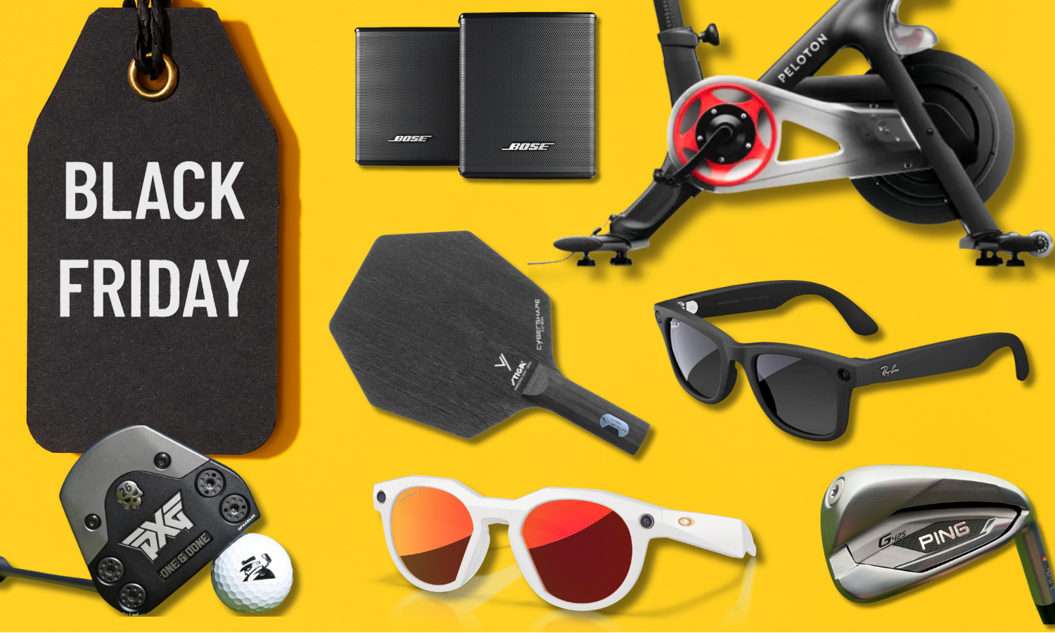 collage of products; black bose speakers, black stiga ping pong paddle, black rayban and white oakley smart eyeglasses, peloton, golf glubs