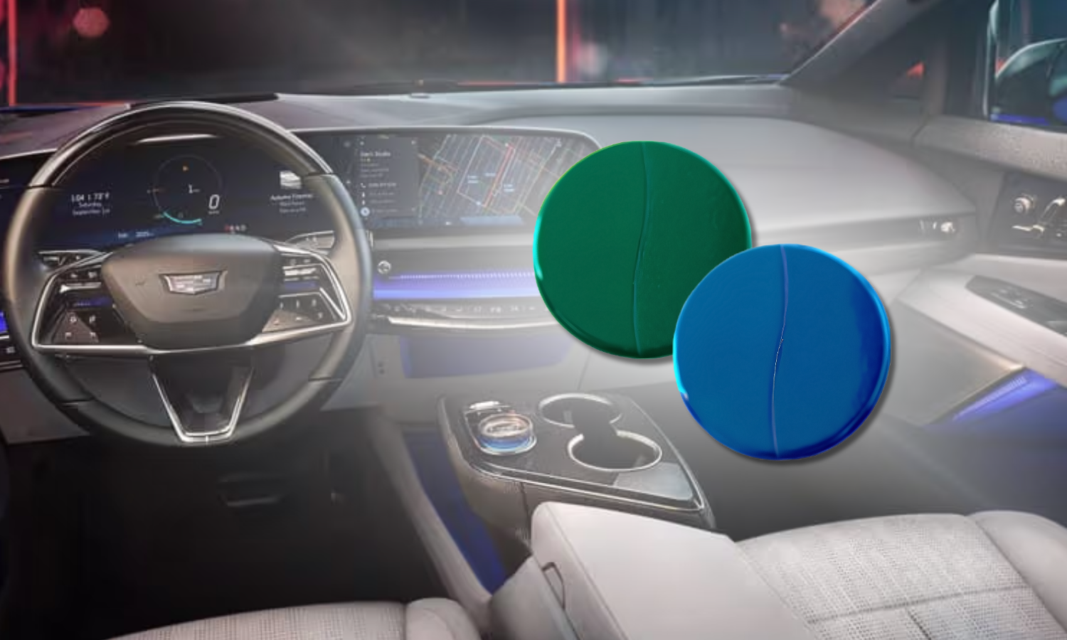 Blue and green dimensional automotive control components displayed over a premium vehicle interior with digital dashboard.