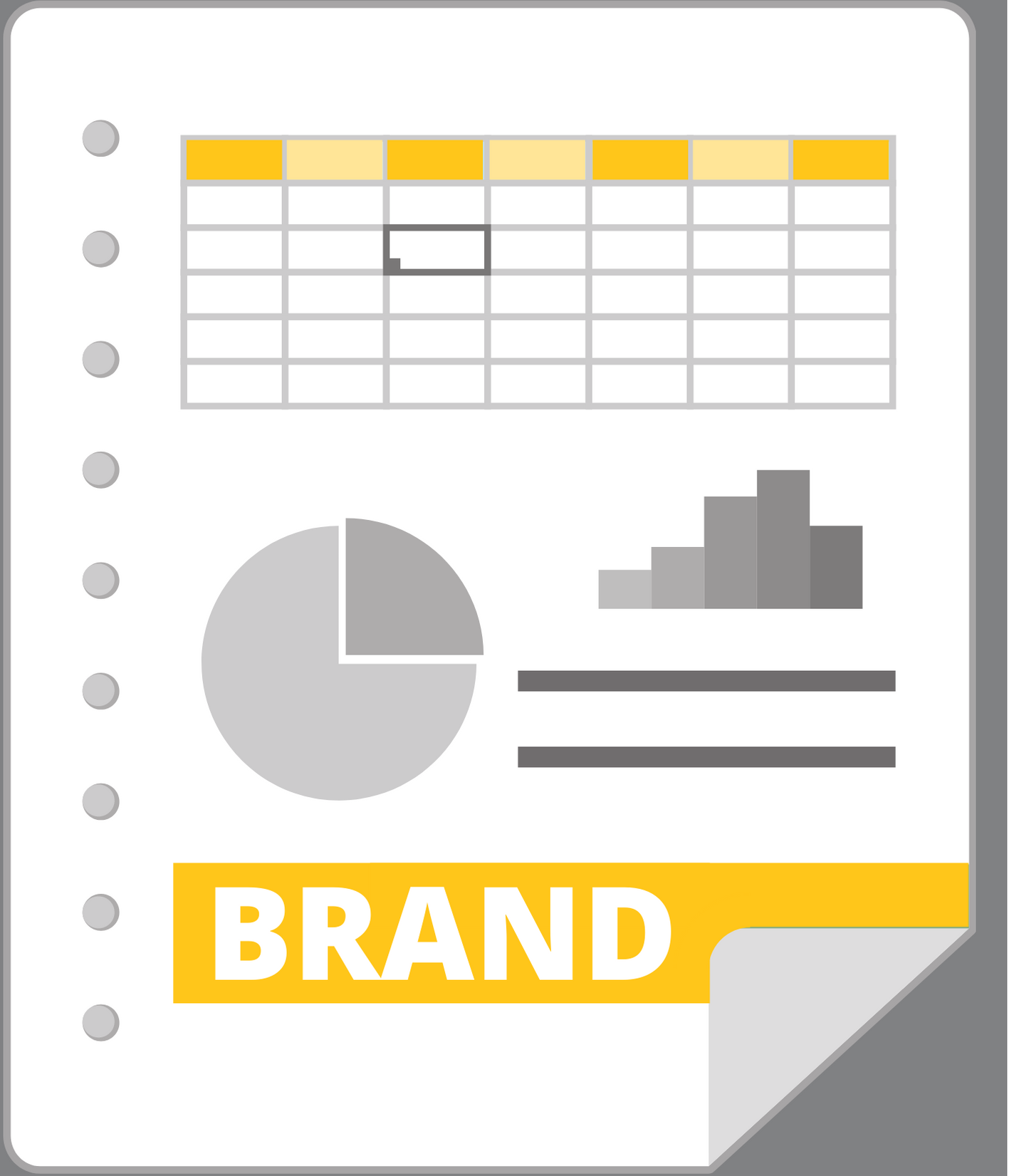 infographic showing grayscale spreadsheet gridlines, grayscale bar chart, grayscale pie chart, and yellow BRAND letters