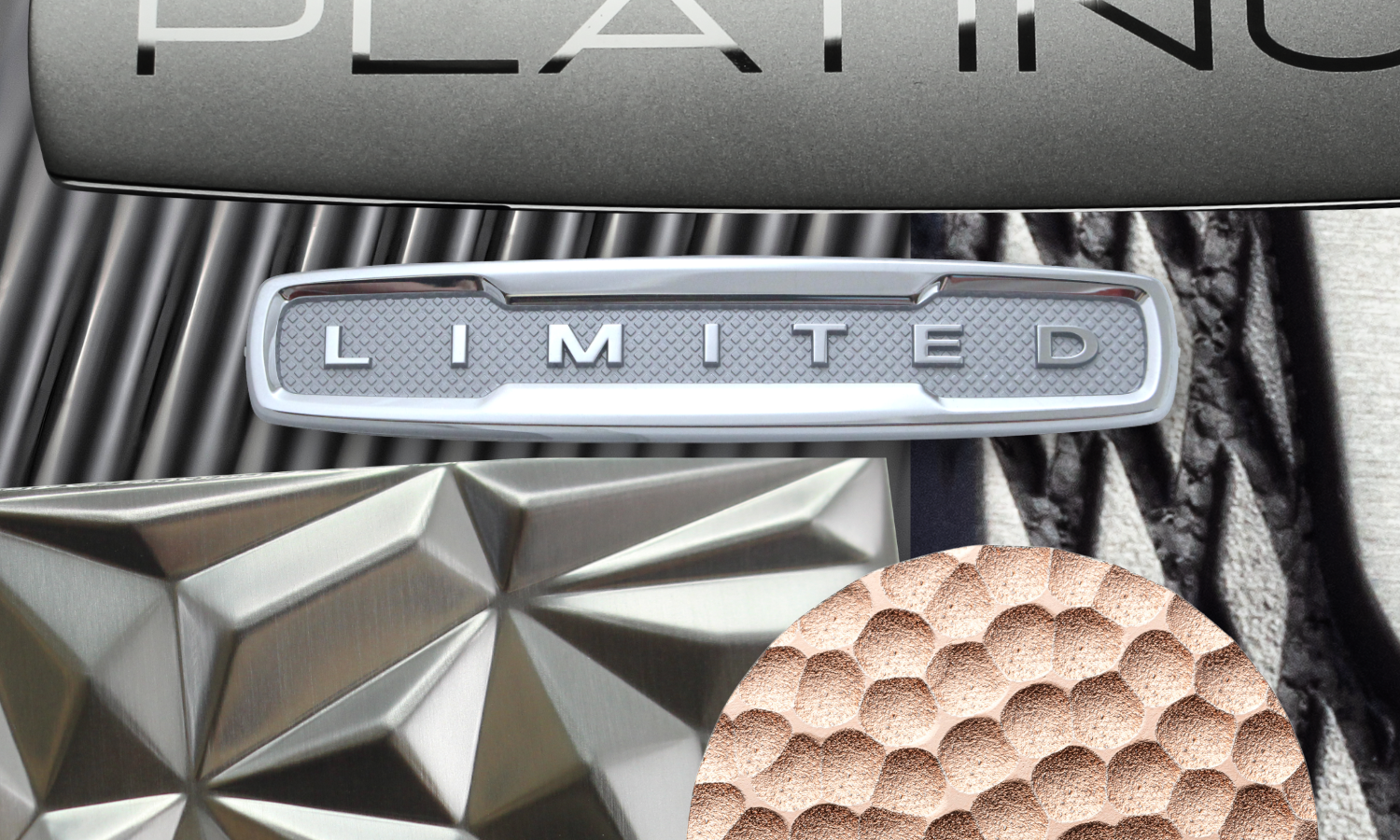 Collage of textured logos - rose gold hammered metal circle, satin chrome metal with raised satin chrome LIMITED letters, geometrically peaked aluminum rectangle, black vertical slated texture in background