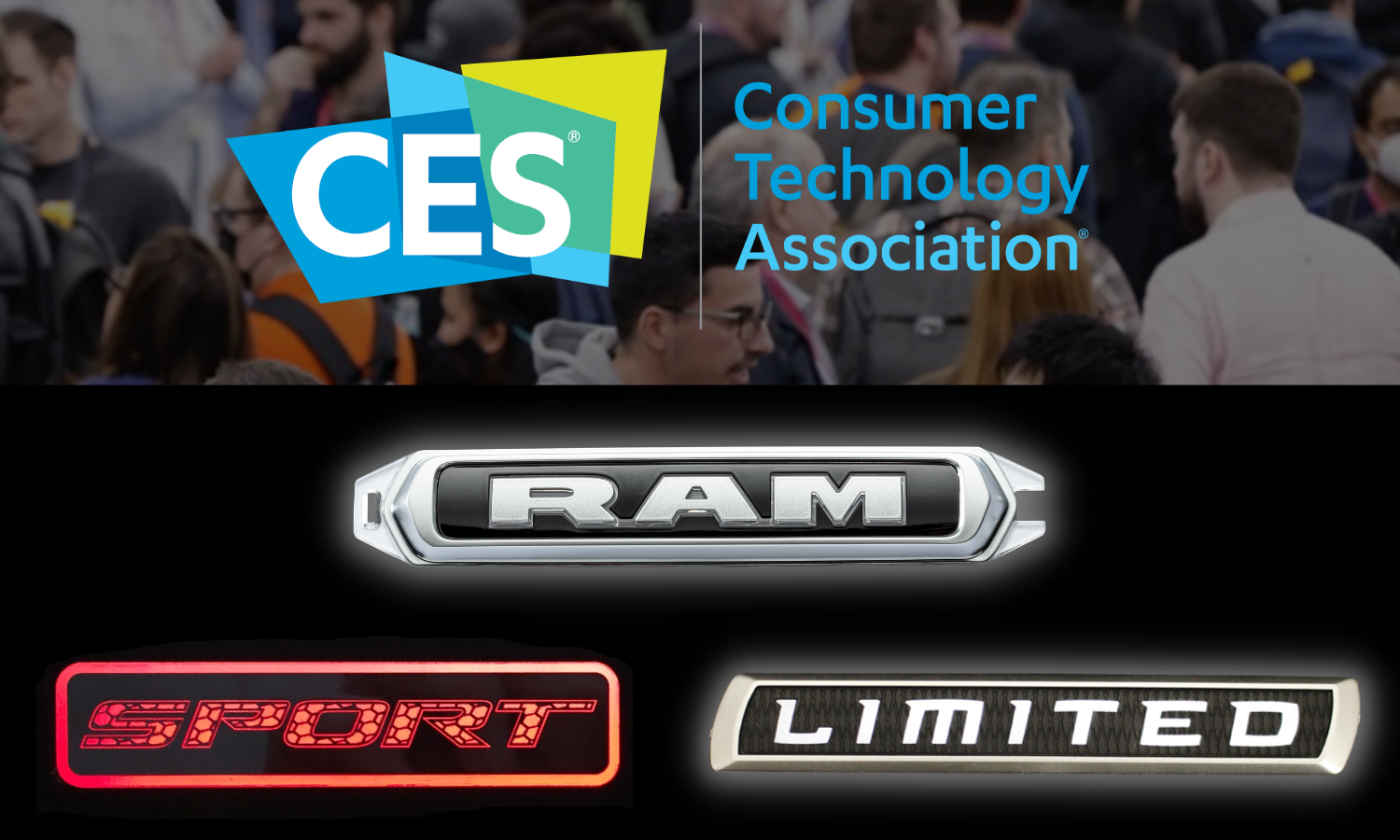 CES logo top half; bottom half illuminated branding RAM letters in white lighting; SPORT letters in red lighting; LIMITED letters in white lighting