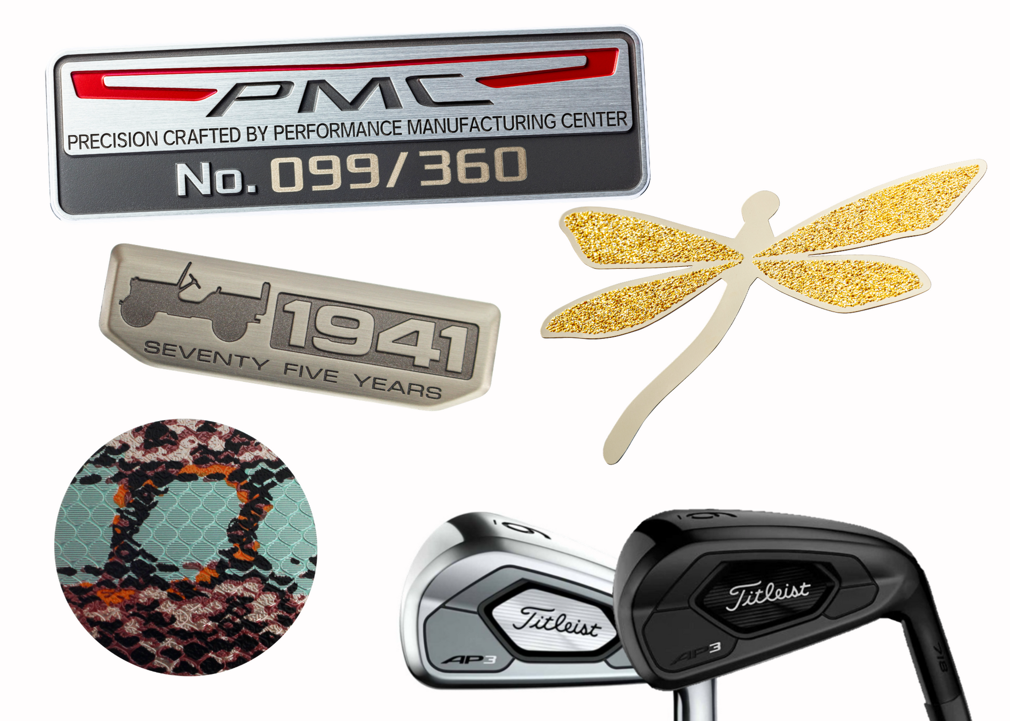 Collage of name plates featuring Jeep 75th anniversary, Titleist golf clubs, glitter dragonfly, colorful PopSocket, and serialized automotive badge.