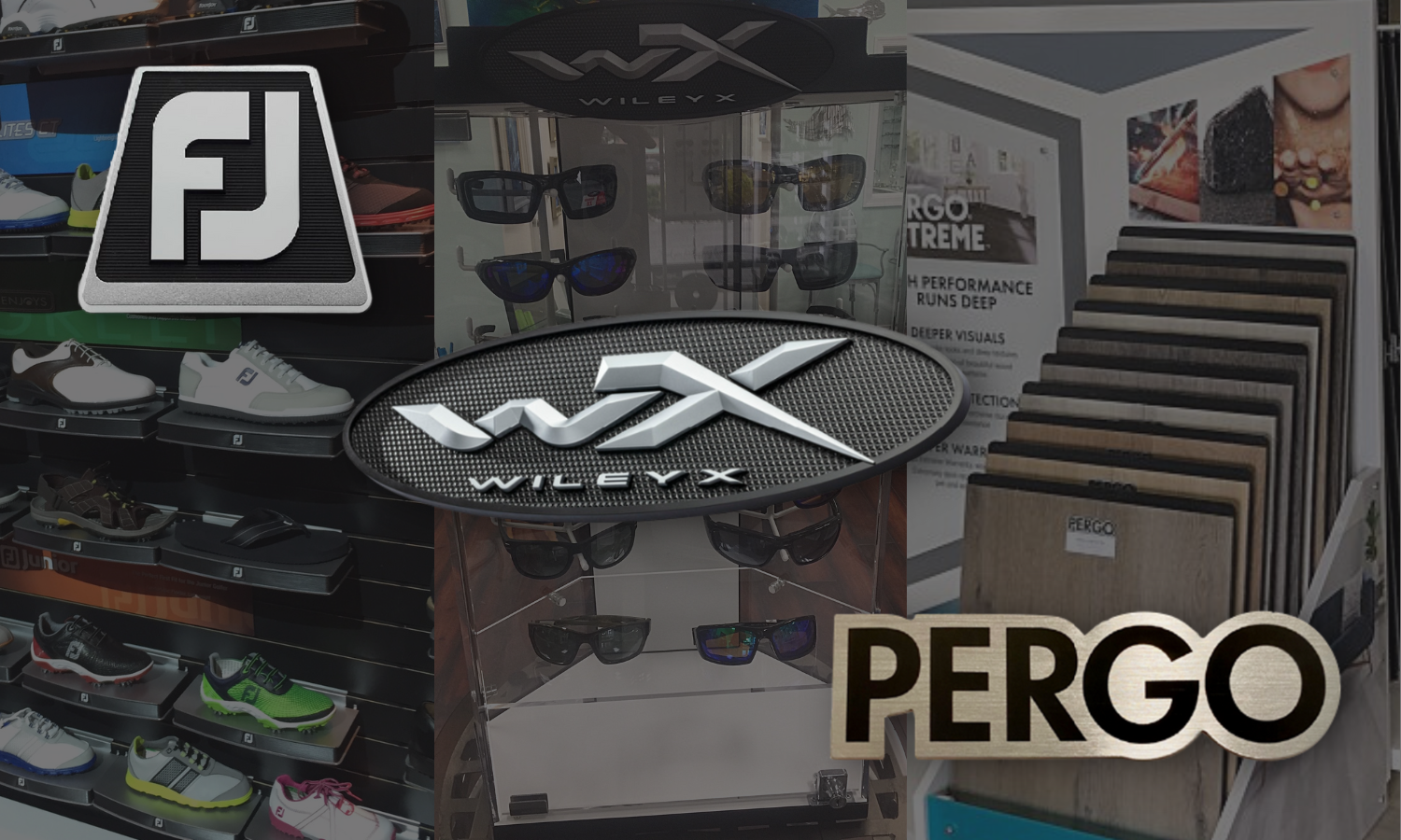 retail displays:  golf shoes on shelves with footjoy logo scaled to overlay it; sunglasses case displayed with wiley x logo scaled to overlay it; hardwood flooring sampled displayed with Pergo logo scaled to overlay it