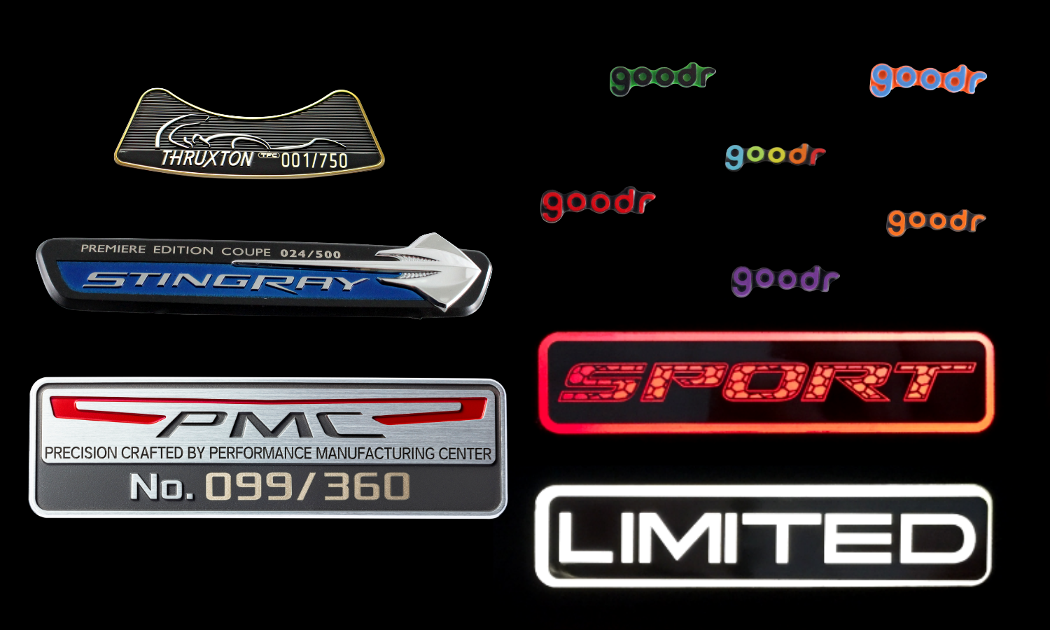 goodr sunglass name plates shown in multiple colors like blue, red, purple, rainbow, orange, green; illuminated name plates with red lights with SPORT text; illuminated name plate with white light and LIMITED text; serialized name plate showing one of x number of units sold