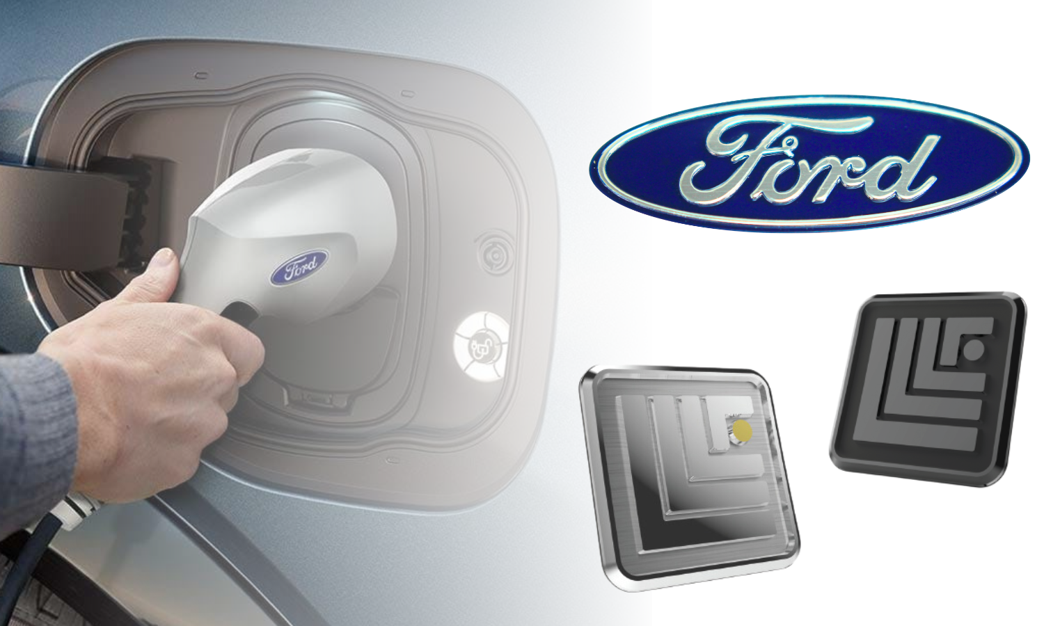 ford blue oval logo, electric vehicle charging device with ford blue oval logo, square logo with 3 Ls and 1 F in a bright chrome, square logo with 3 Ls and 1 F in a dark chrome finish