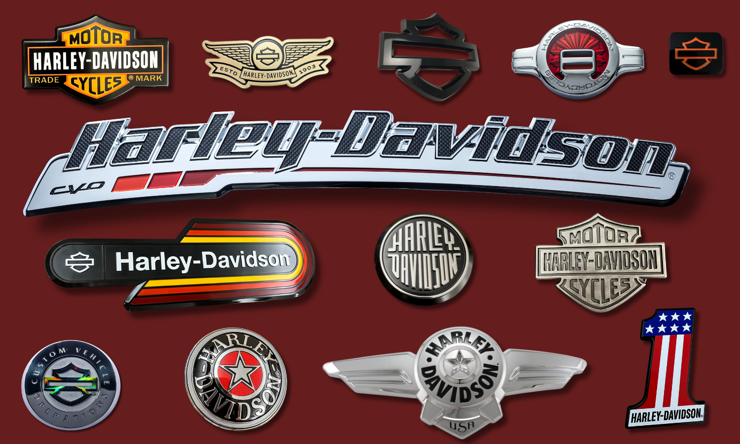 collage of a variety of Harley-Davidson 3D logos, nameplates, and emblems. metallic chromes, black, orange, red, bar and shield, text, 