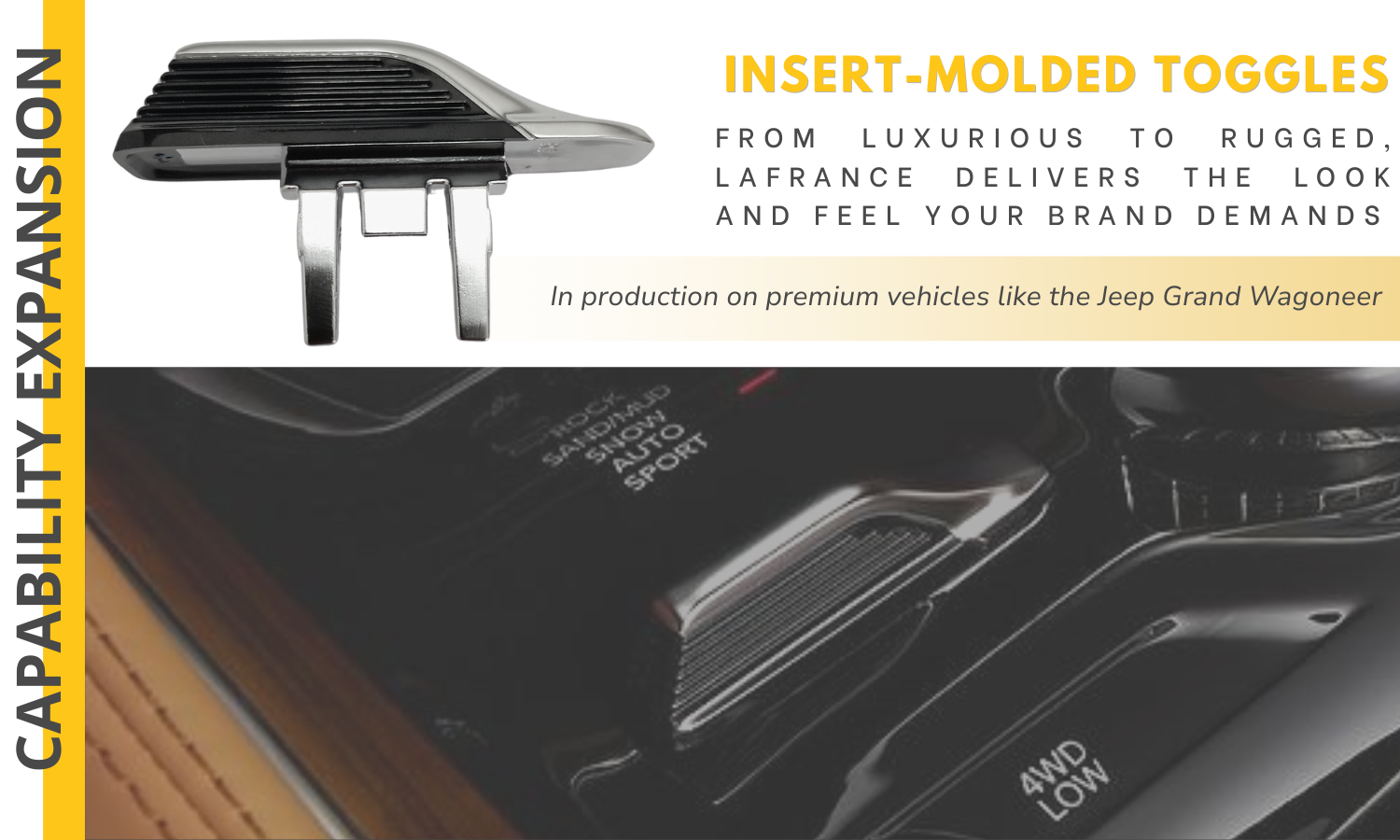 Insert-molded automotive toggle switch with textured black finish, shown alongside its application in the Jeep Grand Wagoneer center console.