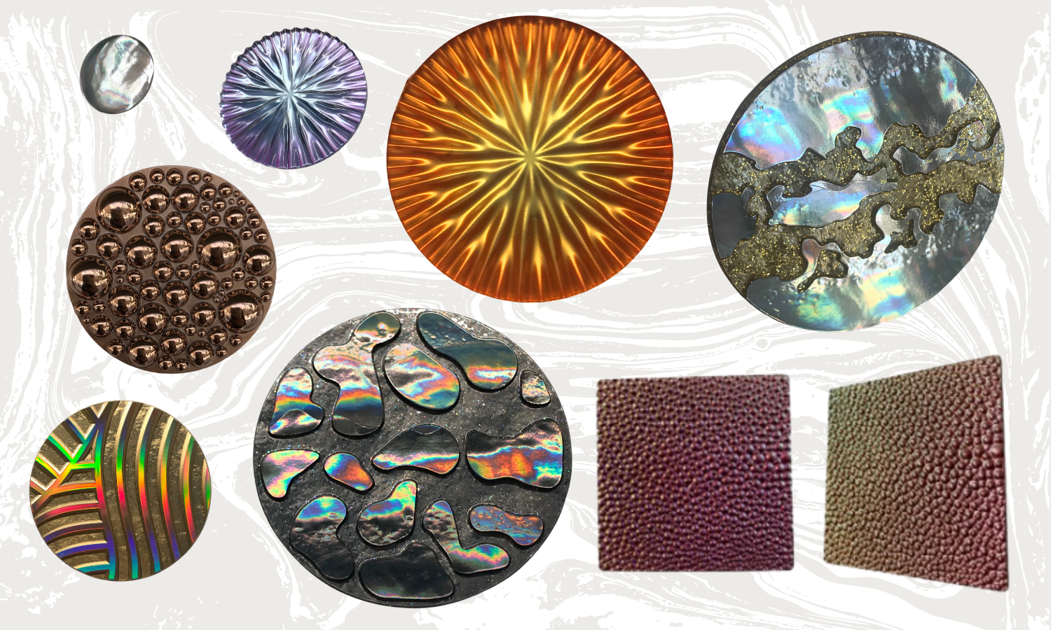 circular parts - water droplets, mother of pearl finishes, sunburst designs, holographic prisms