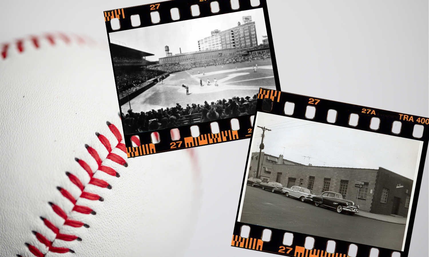 faded baseball in background, 2 vintage photos overlaid. 1 of the philadelphia phillies stadium from the early 1900s and the other of LaFrance's building on McKean Street