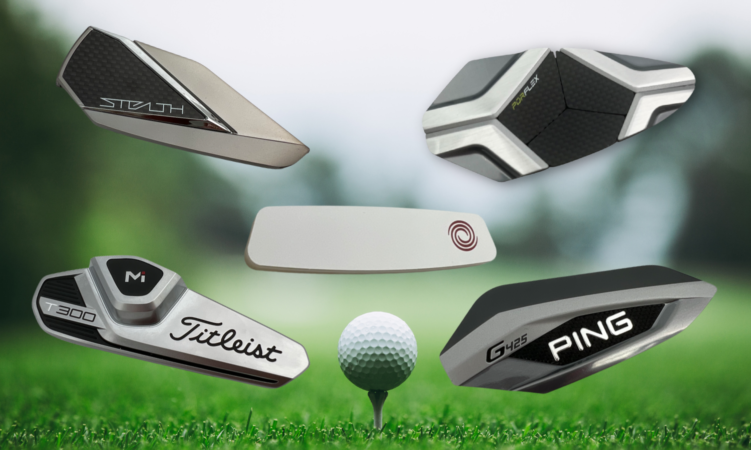 collage showing 4 golf badges used on irons for Titleist, Taylor Made, and PING and 1 badge used for Callaway Odyssey putters.