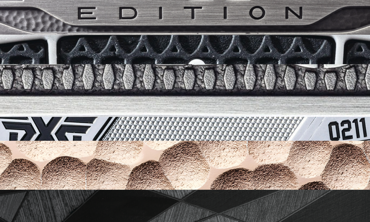 collage of macro shots of textures - rose gold hammered metal; black selectively brushed metal at varying angles; knurled chrome pattern on metal; raised small diamonds on asphalt background texture all finished in an antique pewter.