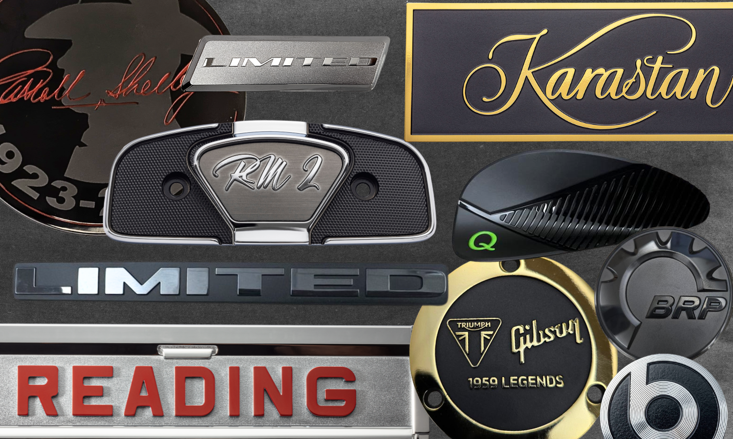 Collection of premium dimensional branding components showcasing matte and gloss finishes, including electroform badges, aluminum nameplates, die cast emblems, and branded control interfaces with contrasting textures.