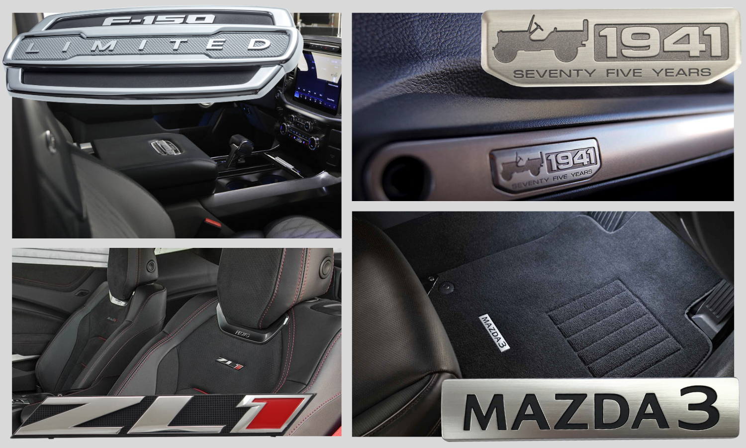 picture split into quadrants. upper left quadrant has Ford F150 chrome and black badge used on the armrest console. Bottom left quadrant has Chevy ZL1 black, chrome, and red model trim name plate shown on a seatback. Upper right quadrant has an antiqued pewter Jeep 1941 instrument panel badge shown on the glove box. bottom right quadrant has a brushed chrome and black Mazda metal name plate shown on the floor mat area. 