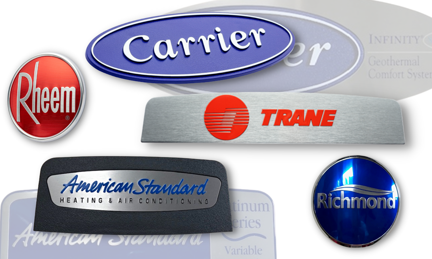 collage of HVAC brands. circle badge with chrome border and red interior, with raised chrome letters that say Rheem. Blue oval badge with inset white border and raised white letters that say Carrier. Rectangular shaped badge with a horizontally brushed aluminum background with raised orange logo and letters that say TRANE. Circle badge with chrome border, metallic blue background, and raised chrome logo and letters that say Richmond. Fat rectangular shaped badge with plastic background and a raw aluminum oval shaped insert with blue copy that says American Standard.