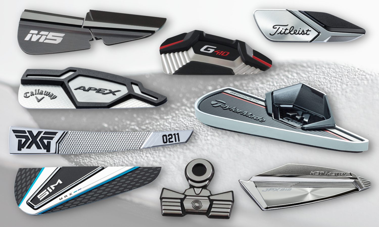 collage of badges/logos used on golf clubs. all are chrome plated either nickel, plastic, or aluminum with black accent colors representing callaway, titleist, taylormade.