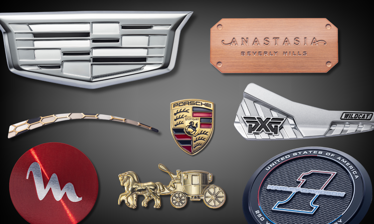 Precision-engineered metallic badges, dimensional emblems, and decorative trim showcasing how premium materials and craftsmanship elevate brand distinction and perceived product value.