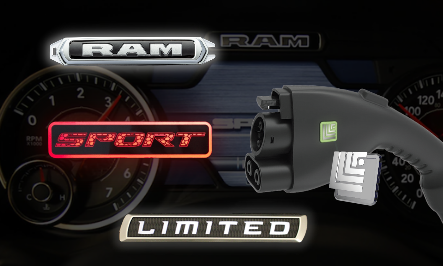 backlit RAM, SPORT, and LIMITED logos; background image of the interior of a RAM truck