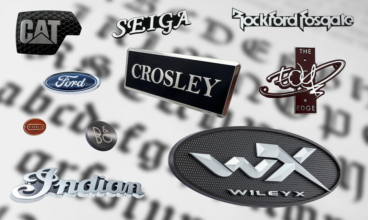 collage of name plates. blue oval ford, scripted Indian font, CAT in silver with black background; coach oval, B&O radial spin cut circle