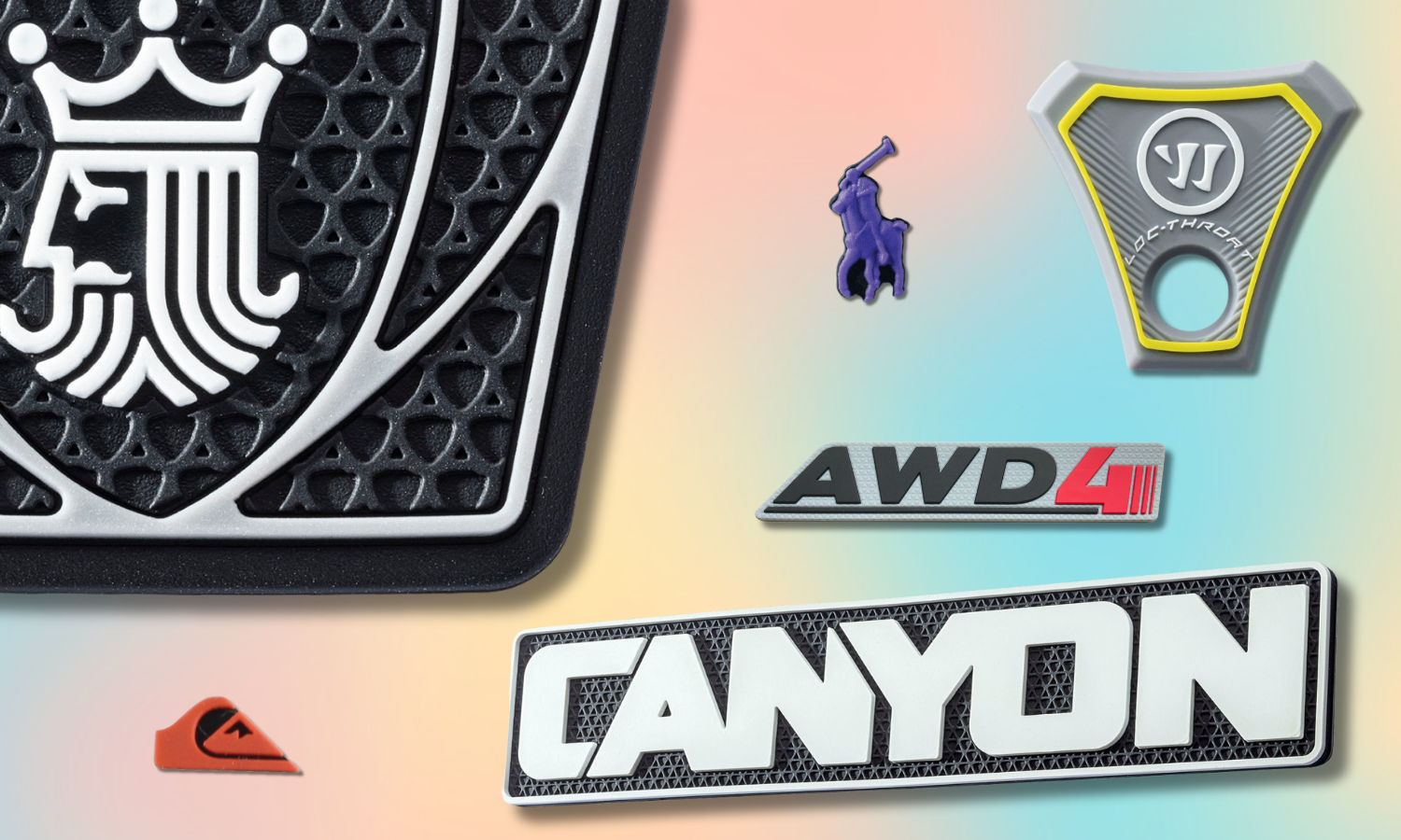 collage of rubber parts - zoom in on black and white warrior lacrosse, canyon coolers badge with raised white text and recessed black background