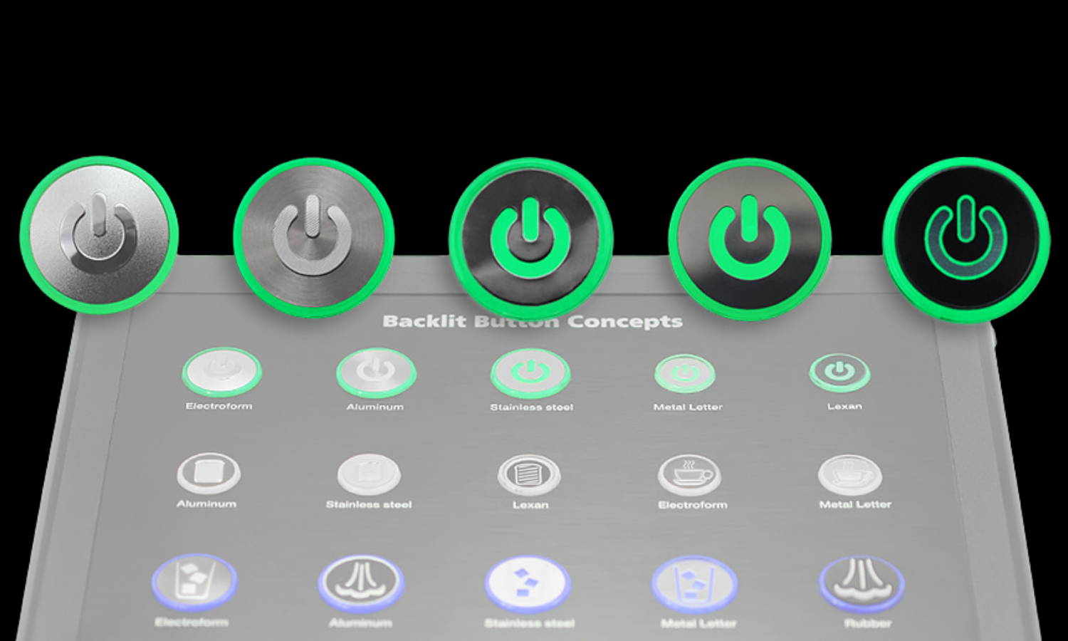 metal and plastic backlit buttons with green light