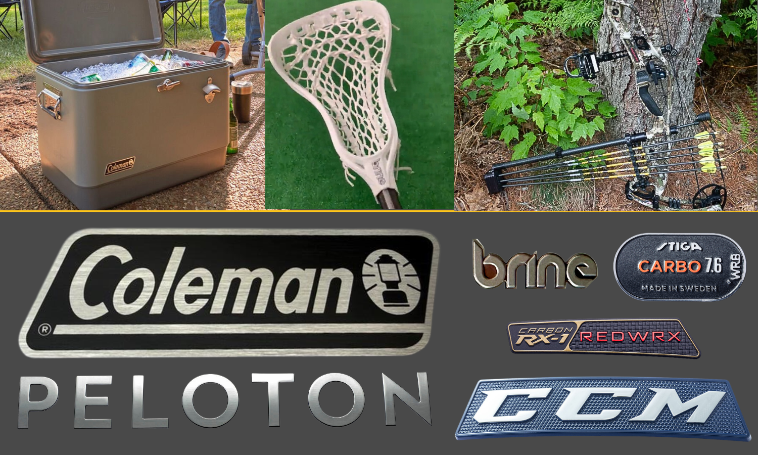 Sporting goods collage featuring premium on-product branding, including a Coleman cooler with metal badge, lacrosse head, compound bow with arrows, and dimensional branded nameplates and badges showcasing textured finishes and precision detailing