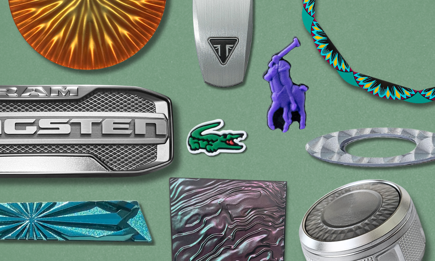 Dimensional on-product branding elements including electroform, aluminum, and multi-material components with varied textures and finishes arranged on a green background