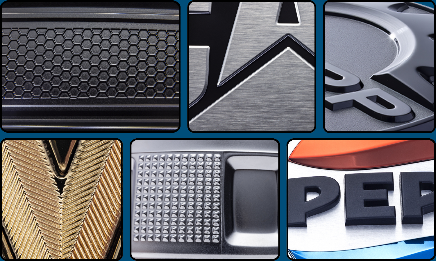 Close-up collage of tactile product branding details featuring textured metal finishes, dimensional lettering, patterned surfaces, and premium multi-material badge components for industrial and consumer products.