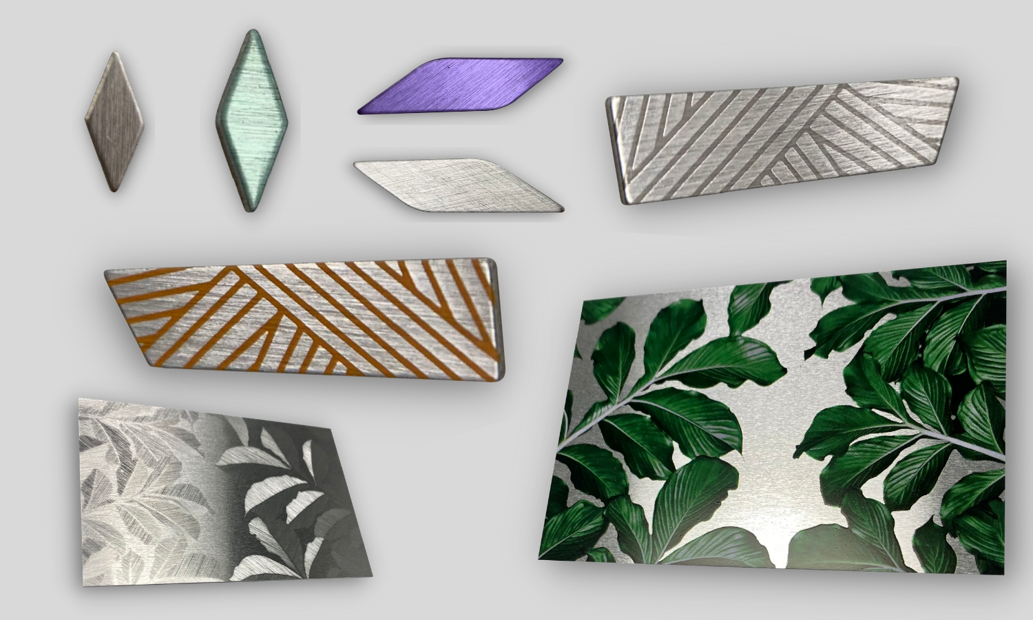 Collage of decorative trim pieces made from recycled aluminum. Rectangle leaf pattern with shades of green. diamond shaped green, purple, and rose gold; selectively brushed aluminum with 2 colors.