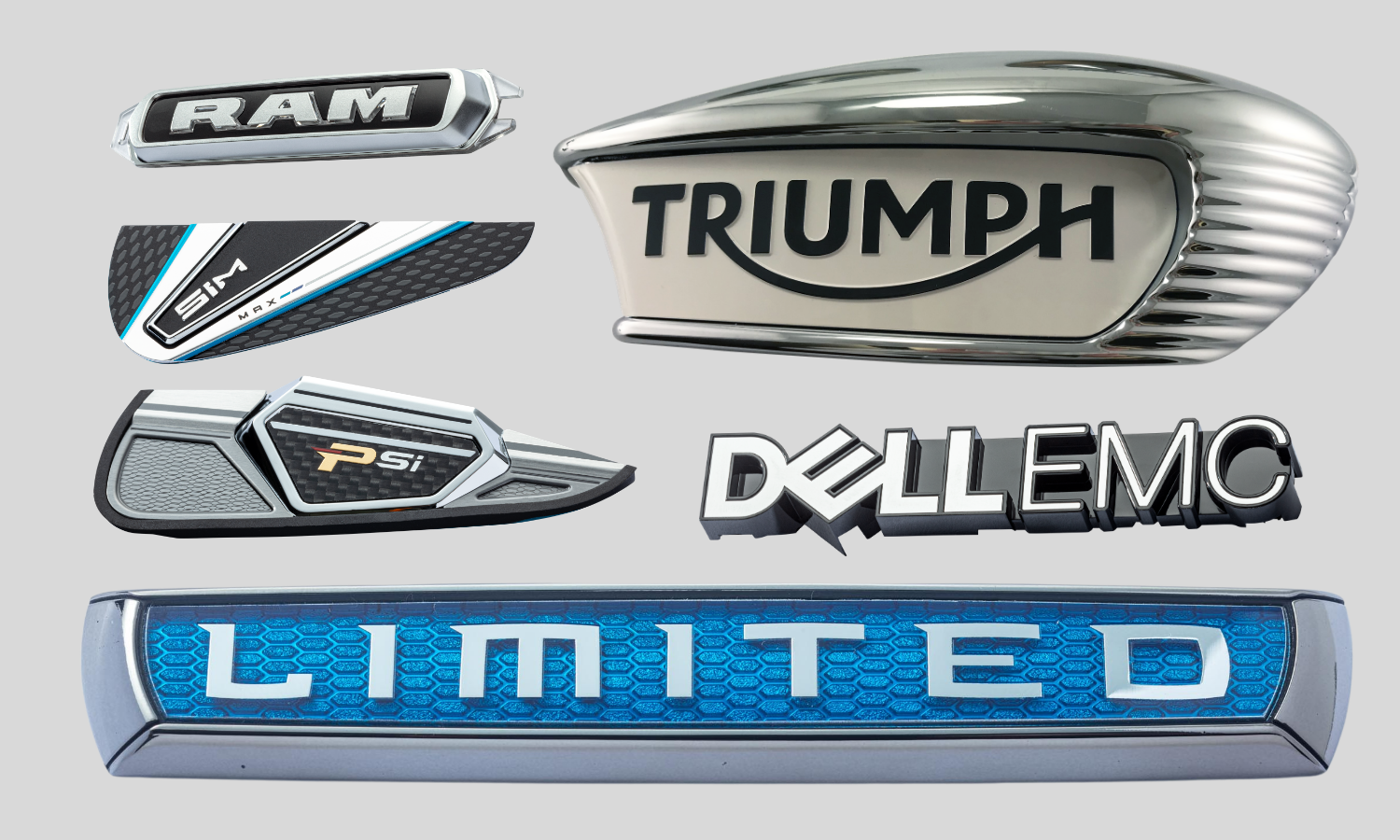 RAM truck name plate, golf iron cavity badges, triumph motorcycle tank badge with white background, black letters, and chrome zinc bezel, DELLEMC black name plate with satin chrome letters, rectangular name plate with chrome text that says LIMITED on top of a transparent blue background