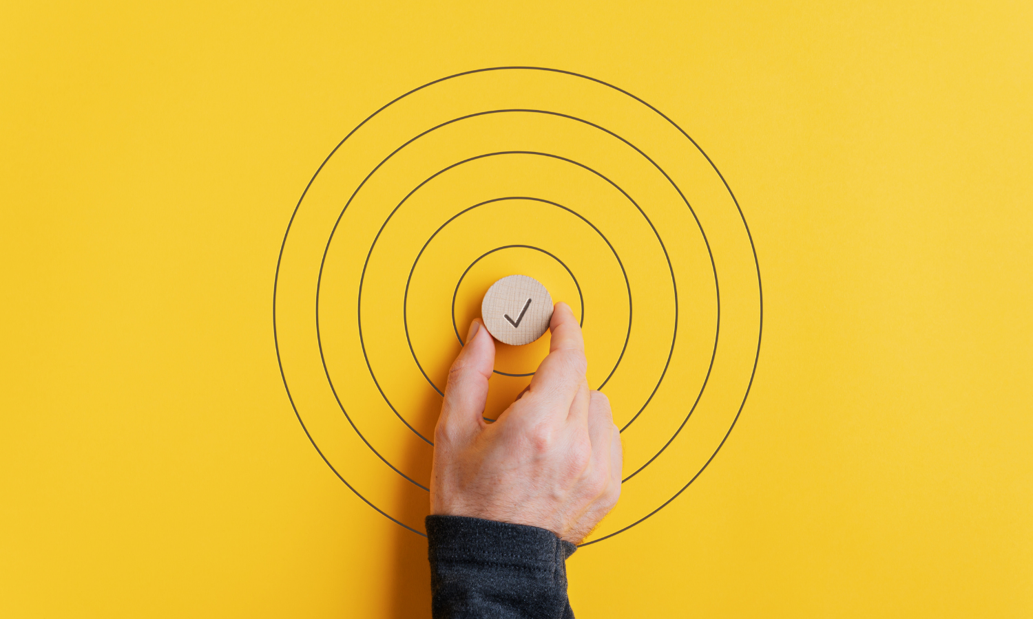 image of a bullseye with a hand holding a small wooden circle with a check mark in the center of the bullseye