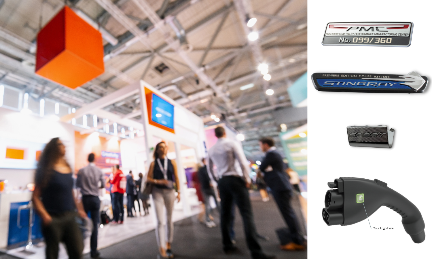 stock photo of a tradeshow on left; right margin shows 4 photos of nameplates. PMC serialized badge, Stingray special edition badge, Sport performance badge, electric charging coupler with generic logo in front showing where a badge could go