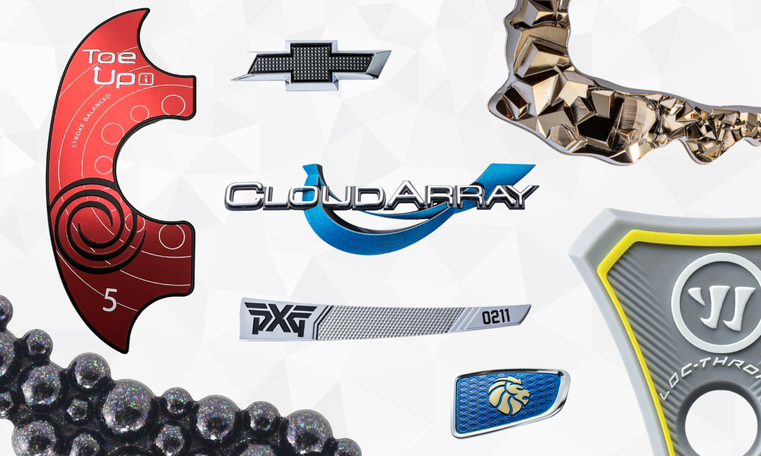 Collage of parts that all feature a geometric pattern or texture on the surface. Spheres, circles, rubix patterns, linear waves, semicircles.