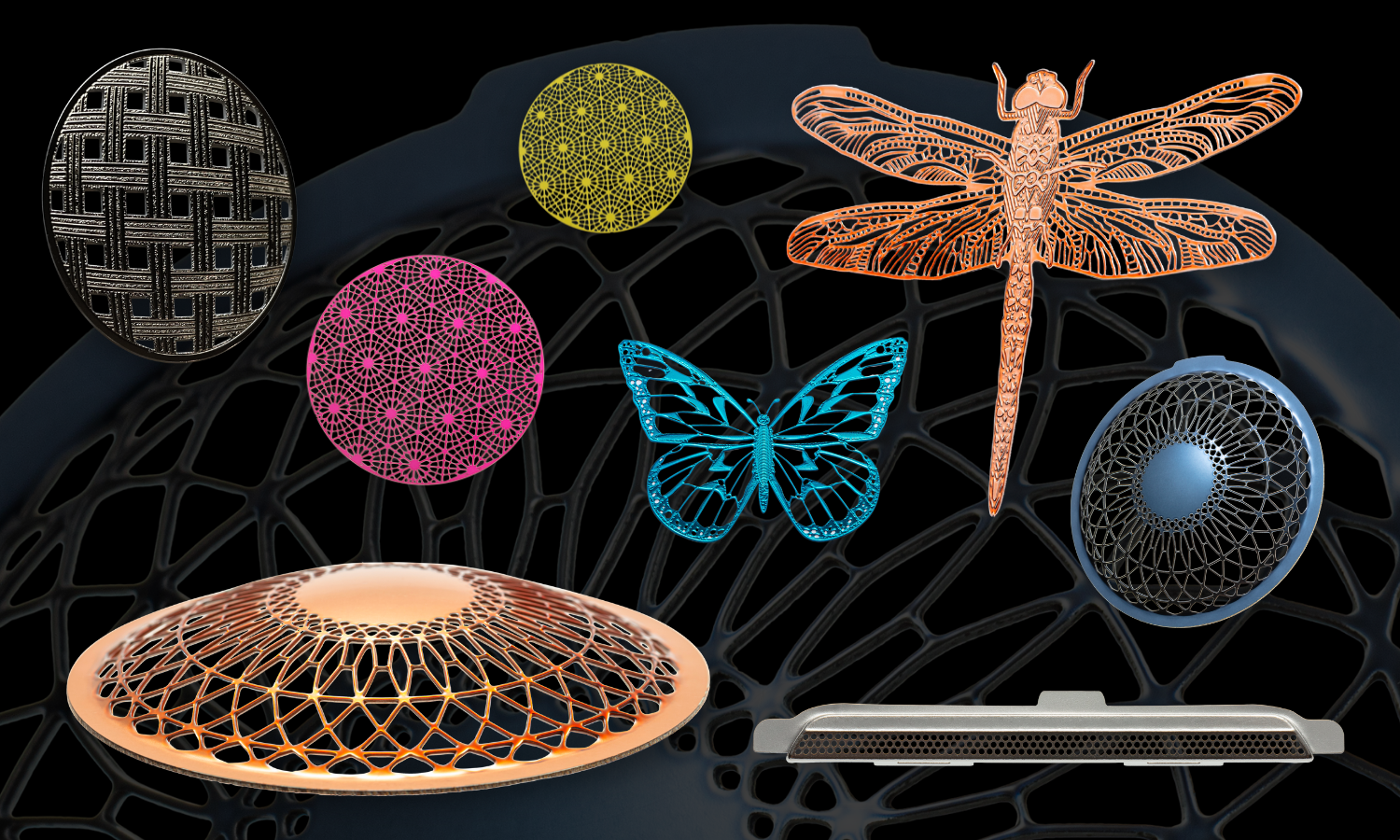 collage of circular parts with cut out patterns - various sizes of circles with different geometric patterns cut out leaving some spaces open. hot pink, neon green, dark gray; rose gold, midnight blue circle pieces with curved surfaces and through holes. a rose gold dragonfly with openings on the wings; a metallic blue butterfly with openings on the wings.