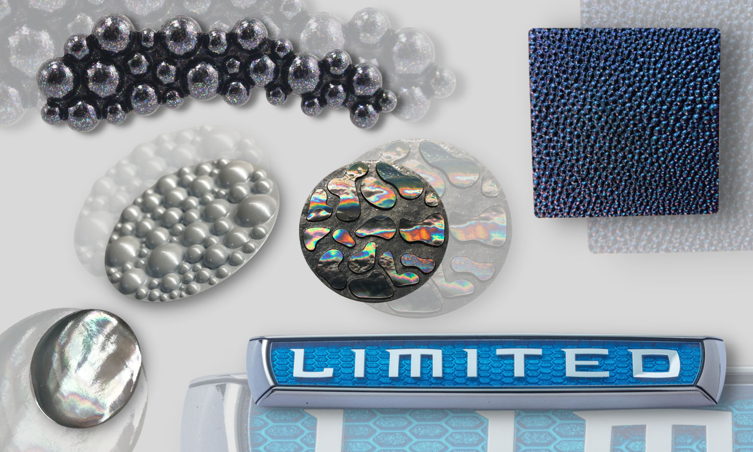 Collage of decorative trim parts. Triangular shaped part with raised varying sized semi-spheres with a metallic fleck black iridescent paint. Square part with 3D texture on top surface to mimic a stingrays skin; the entire part is painted a bluish purple shimmery paint. Two circle pieces in the center. One with raised varying sized semi-spheres painted iridescent white. The other circle is a mother of pearl texture that looks like a seashell chrome in color. Rectangle with chrome border, blue transparent background and chrome letters that say LIMITED.