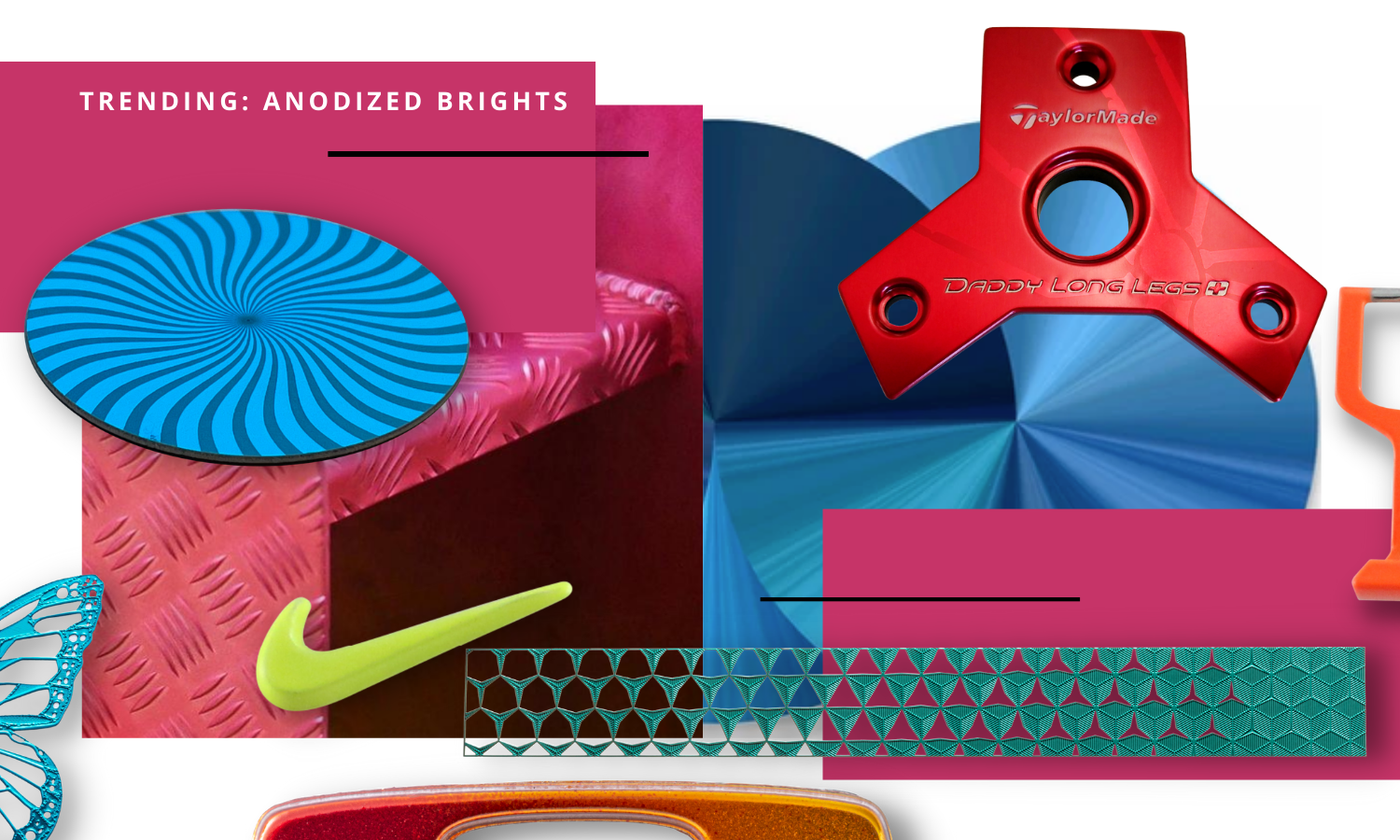 colorful collage, bright pinks, neon green nike swoosh, bright blue radial spin circle, orange and red elipse logo