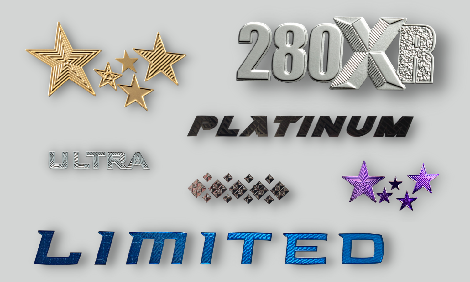 gold lined stars, chrome 280XR with polished and diamond milled letters, black platinum text, chrome ultra text with swirled design inside letters, purple stars, blue limited text with diamond milled letters