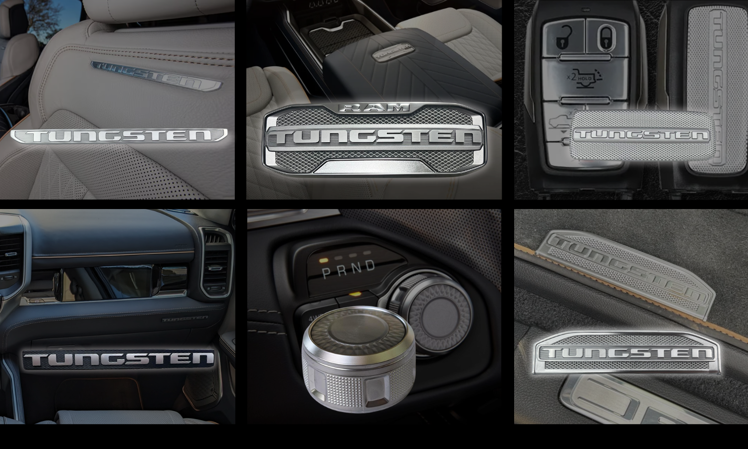 Collage of RAM Tungsten interior branding elements featuring dimensional metal badges, textured trim, premium console accents, floor mat plates, key fob detailing, and a precision-crafted rotary control knob.