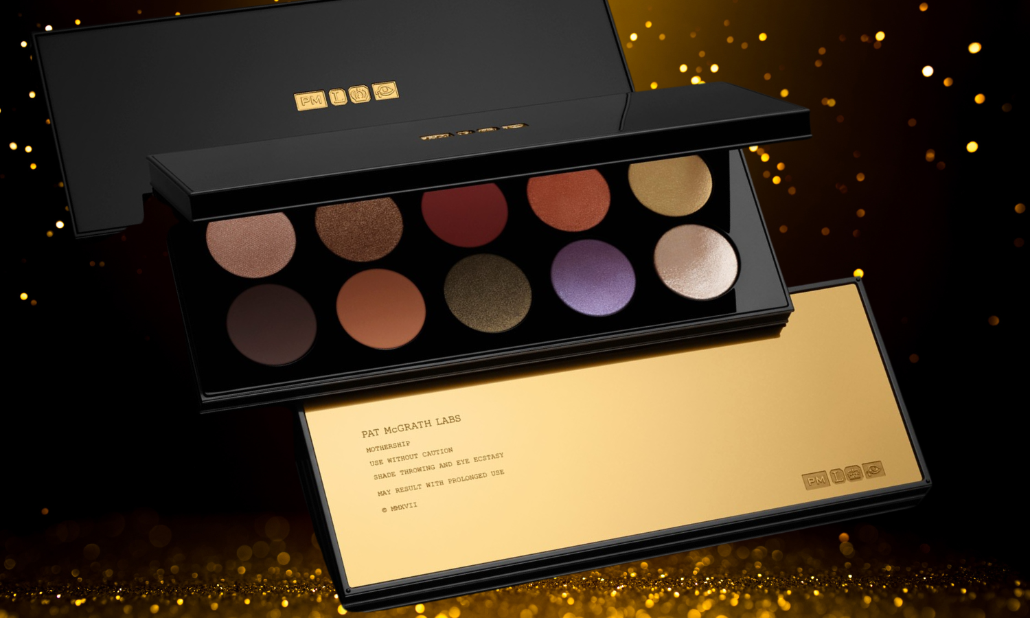Pat McGrath Labs Mothership eyeshadow palette featuring dimensional gold branding and ten richly finished shades.