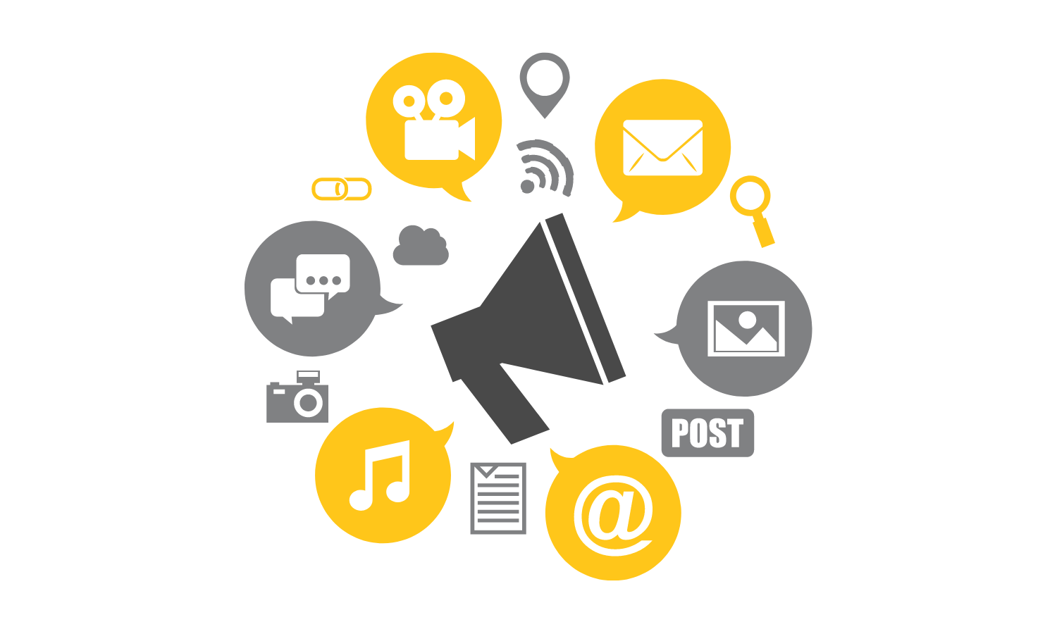 Infographics in shades of gray and gold. Video camera, @ symbol, musical note, image icon, camera icon, email envelope icon.