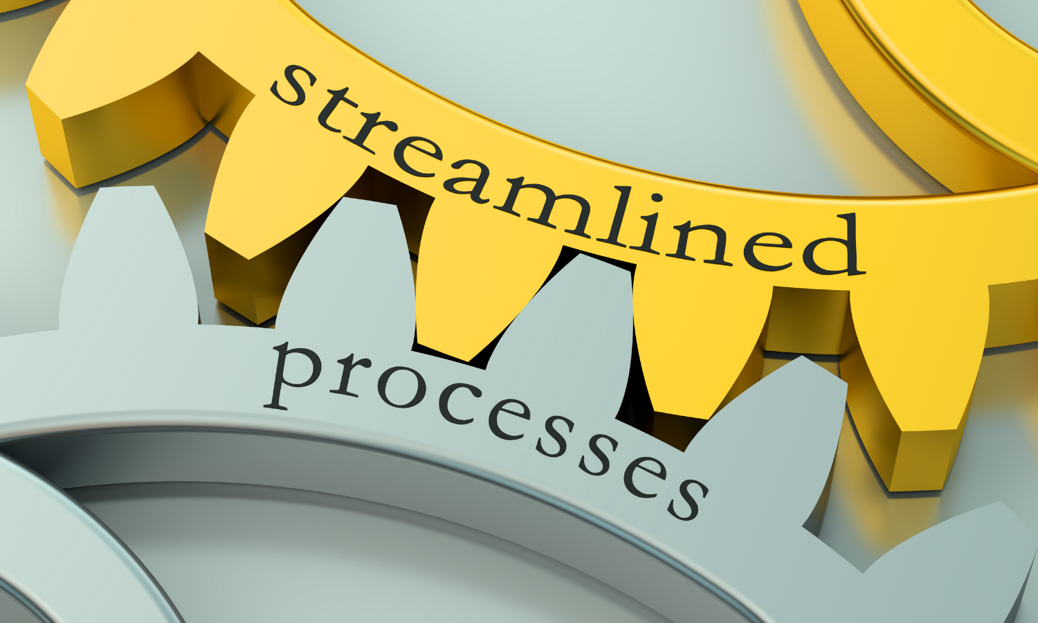 2 gears interlocked, 1 is gold and labeled "streamlined" the other is silver and labeled "processes"