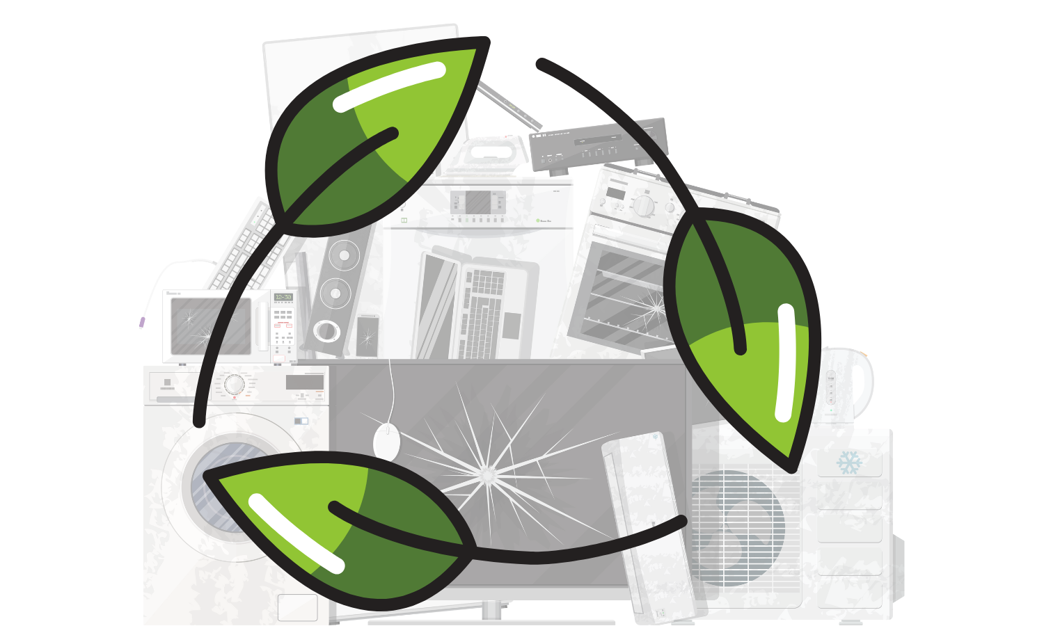 faded image of used electronics with full saturated in color green leaves overtop of it showing the recycling loop