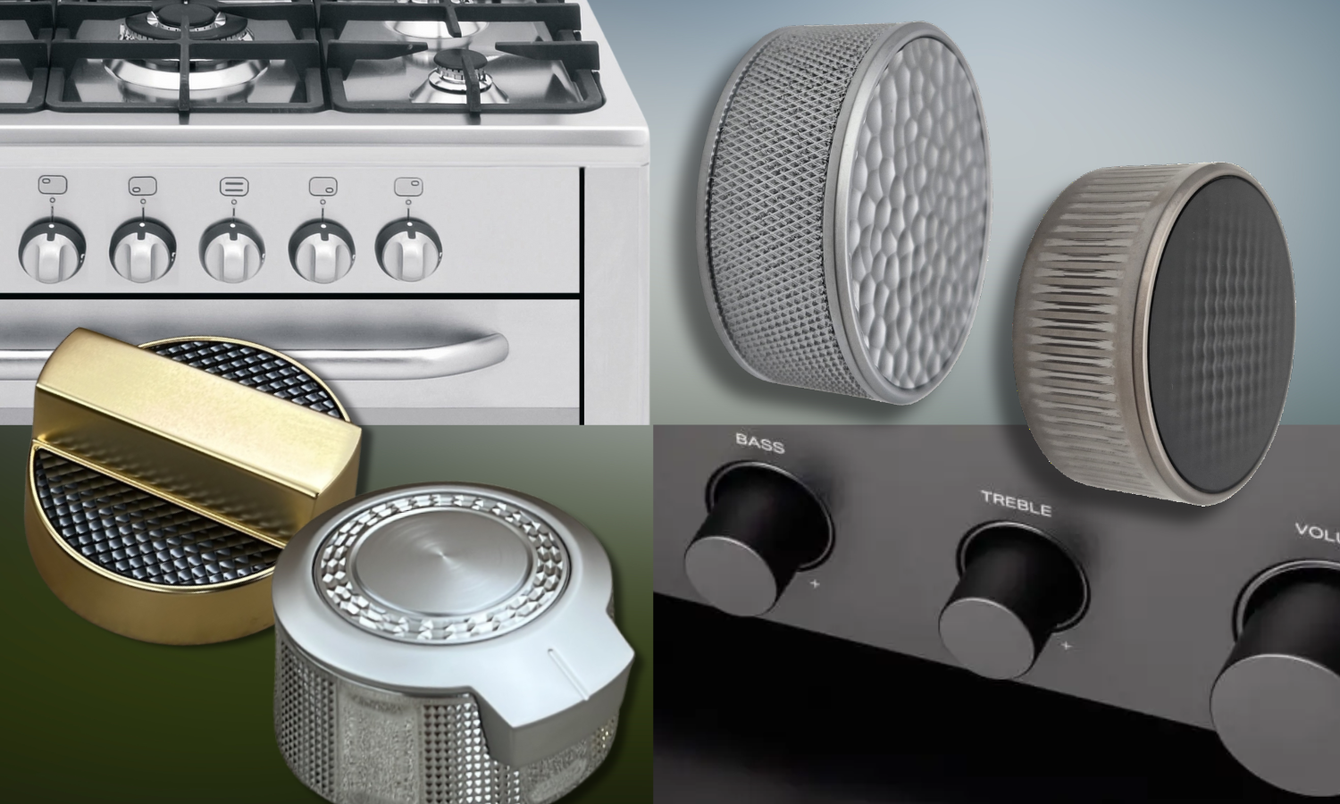 chrome range/oven with chrome finish knobs, black sound system with black and chrome knobs, gold oven knob with decorative black metal inserts, chrome oven knob with radial brushed nickel insert on top, knurled texture on sides of chrome plated zinc knob with molded plastic decorative insert on top